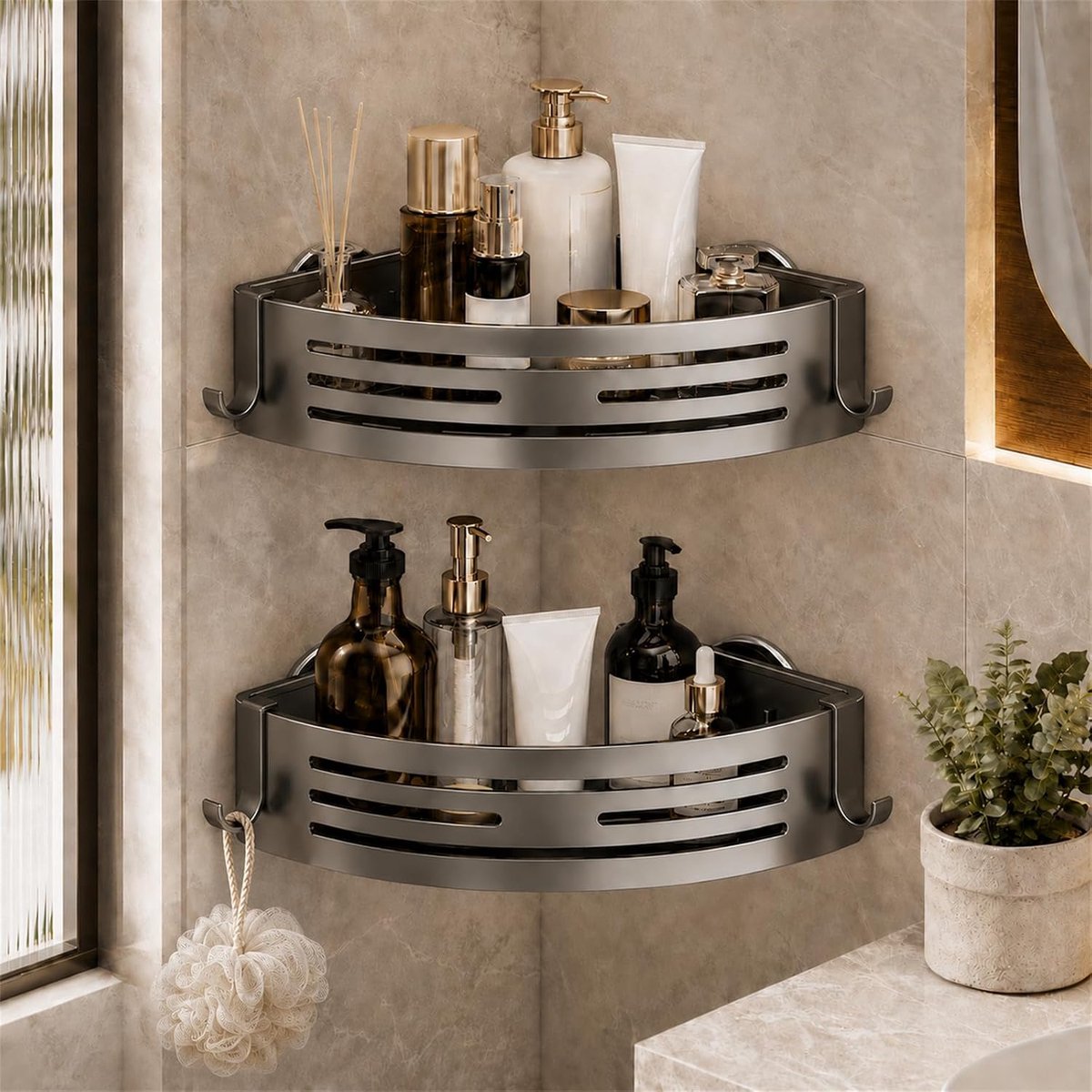 Hoekdoucherek zonder boren, 2-pack, aluminium, grijs - Met zuignappen, 4 haken, voor shampoo en gel, badkamerorganizer - ShopVlot