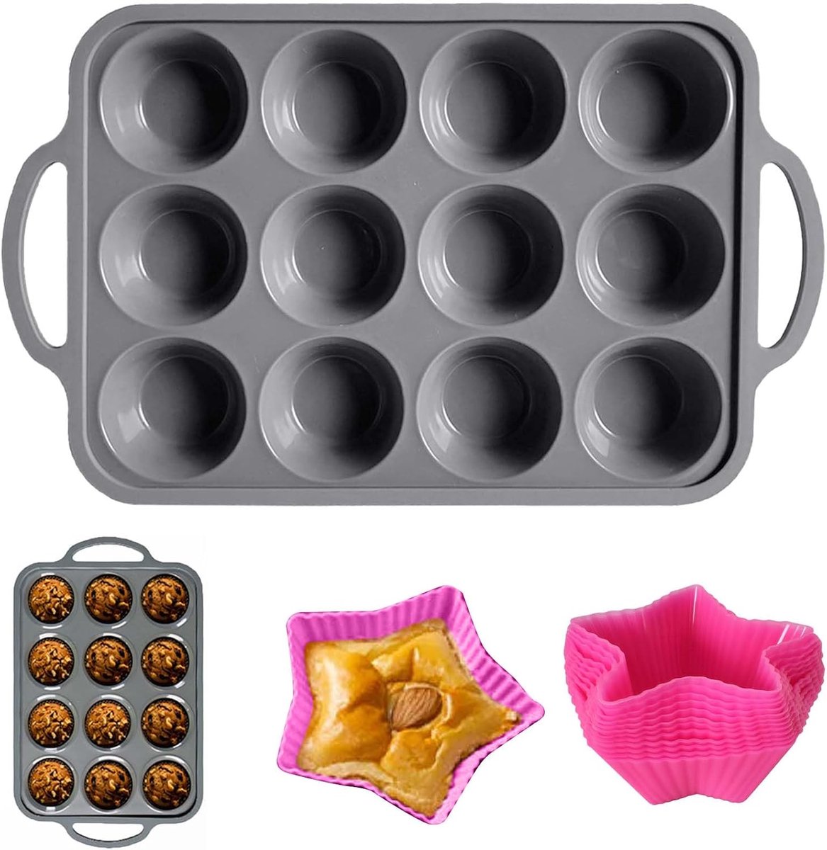 Silicone Muffin Mould, 12 Cups, Non-Stick Coating, Grey, Dishwasher Safe, with 12 Silicone Bakeware in Star Shape - ShopVlot