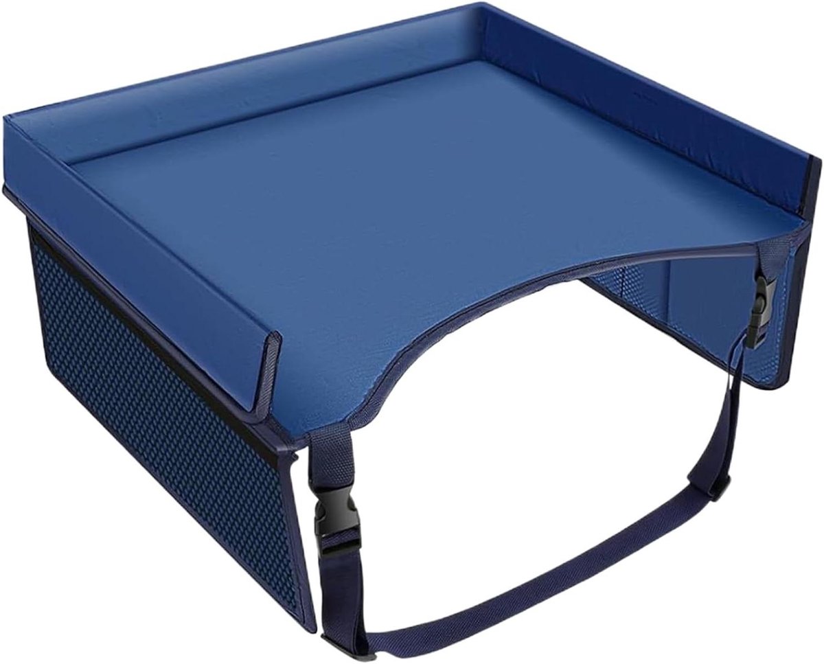 Autostoel Dienblad - Reisbureau Kinderen - Reizen met kinderen - Opvouwbaar met zakken - 40 x 32 cm - Blauw