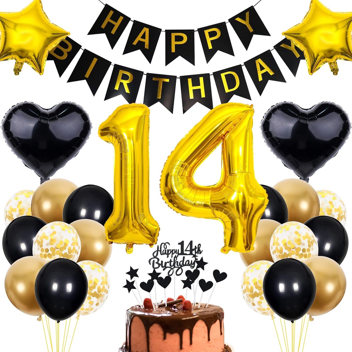 Verjaardagsdecoratie 14 jaar - Feest versiering - Jongens Meisjes - Compleet feestpakket - 32 inch ballonnen - Goud Zwart