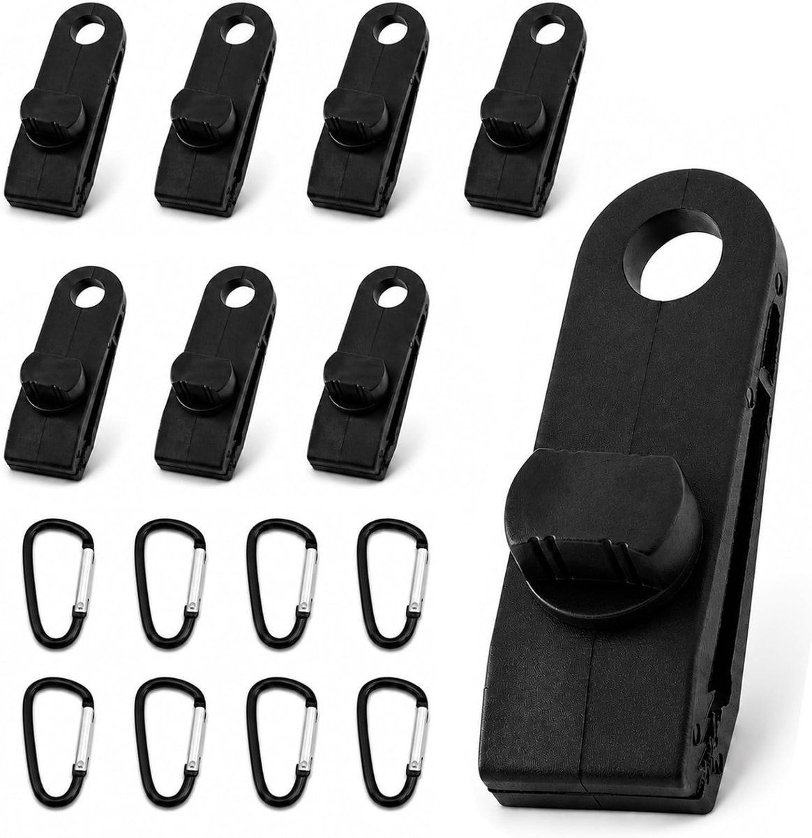 16 stuks bevestigingsset – 8 klemmen in de vorm van een haai 8 x 3 x 2,5 cm + 8 karabijnhaken 47 mm voor camping - ShopVlot