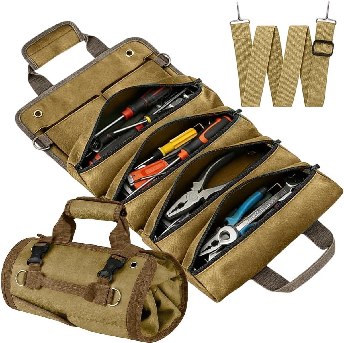 Small Tool Bag, Roll Up Tool Box with 2 Removable Tool Compartments, Tool Storage Bag for Hammer, Wrench, Chisel - ShopVlot