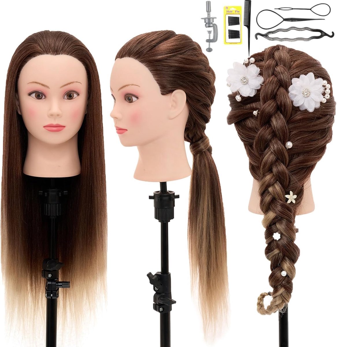 Neverland Beauty & Health Barber Head Training Heads for Kids (26 in Ombre Brown) with Real Hair Practice Head Barber - ShopVlot