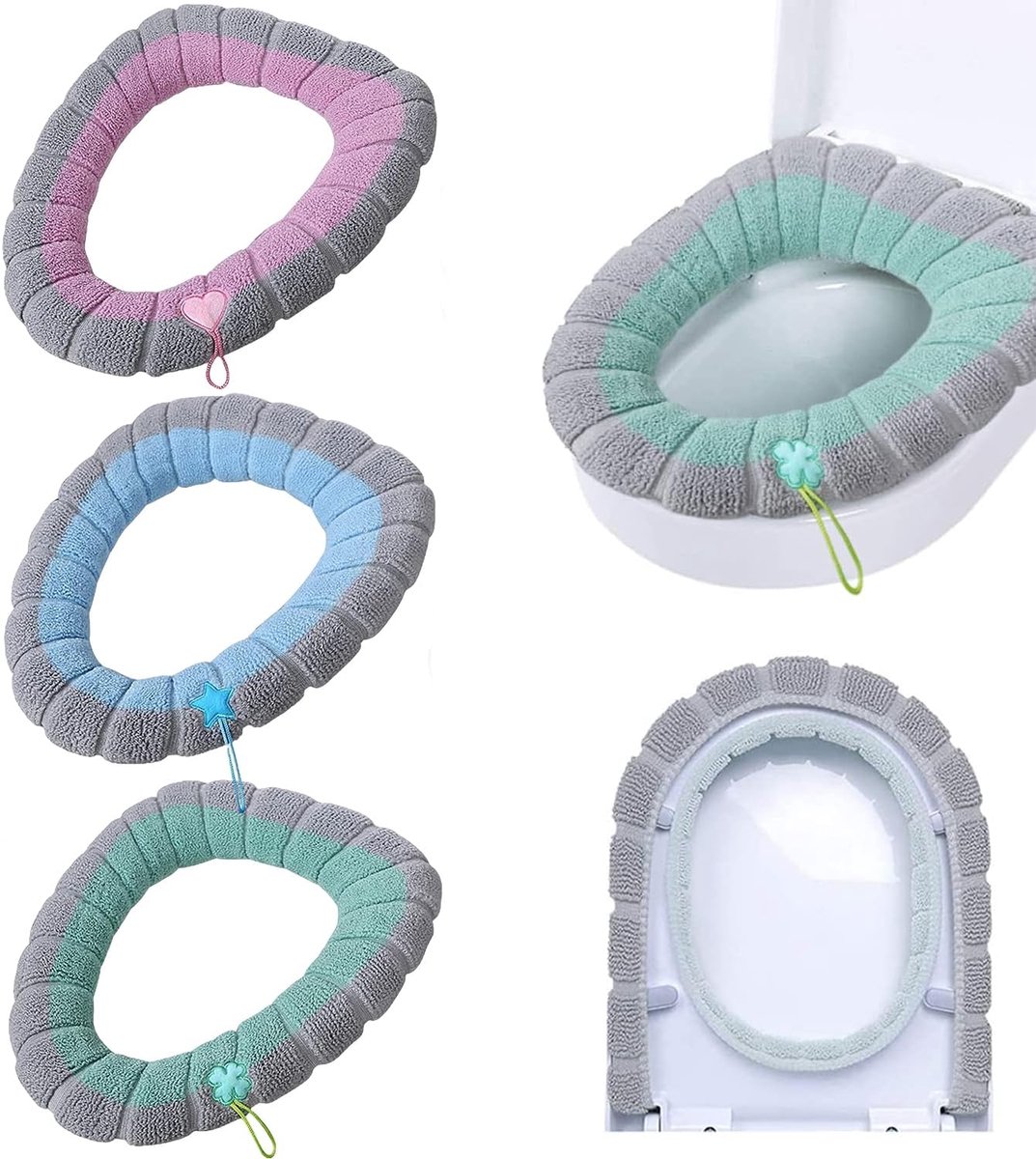 BTHEONE Set of 4 Toilet Seats with Handle, Soft Bathroom/Toilet Lid Cover, Pillow, Thick, Stretchy, Washable - ShopVlot