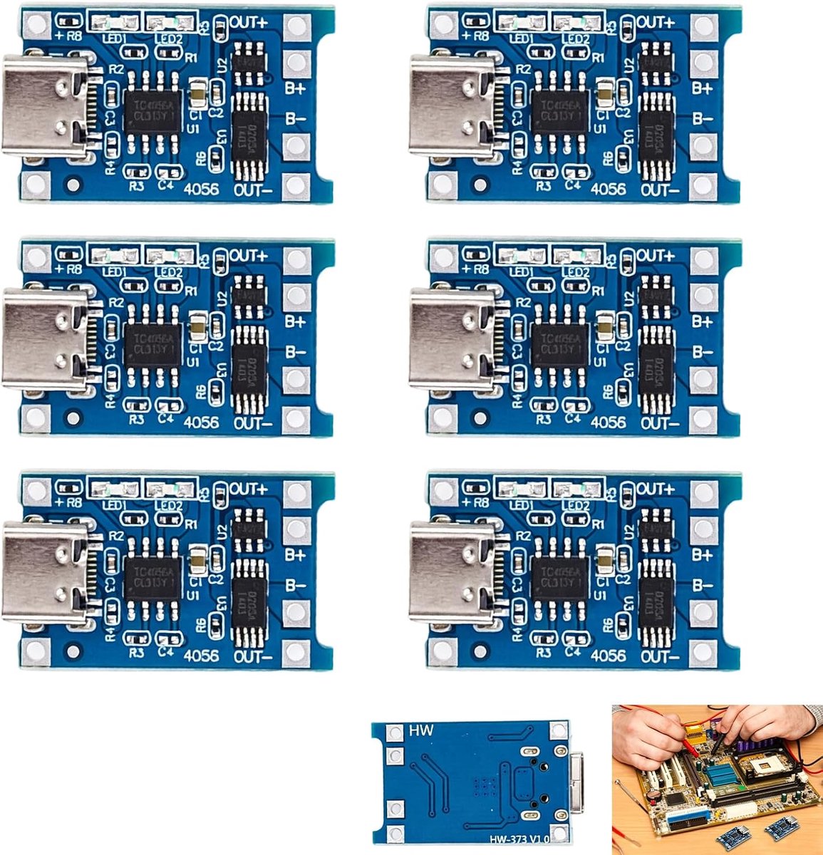 6 stuks laadmodule TP4056, TP4056 acculader USB C, laadkaart batterij 18650 3,7 V LiPo-batterij 5 V 1 A met - ShopVlot