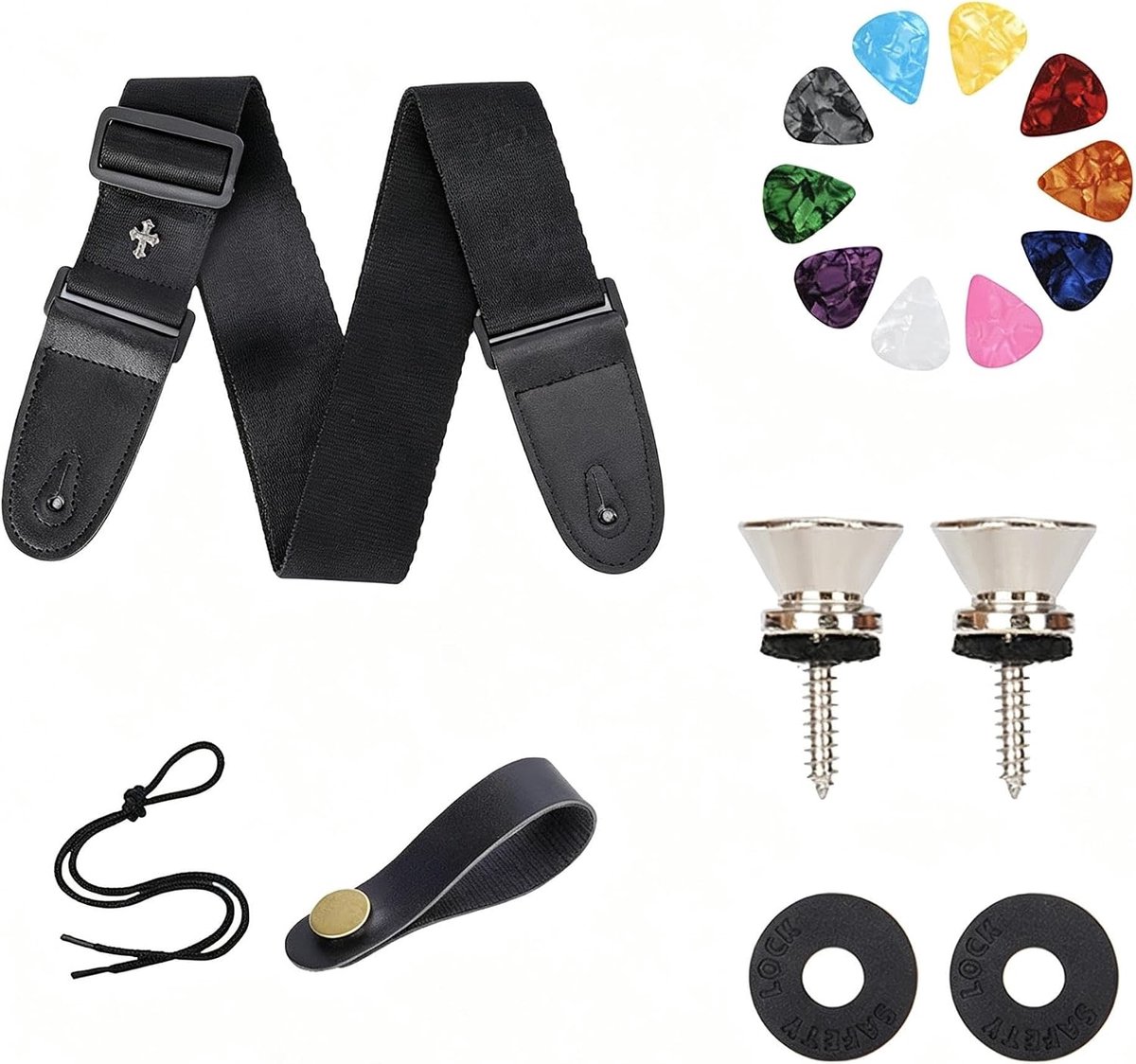 Gitaarriem geweven katoen - zwart - met PU-leer details - inclusief 10 plectrums - ShopVlot
