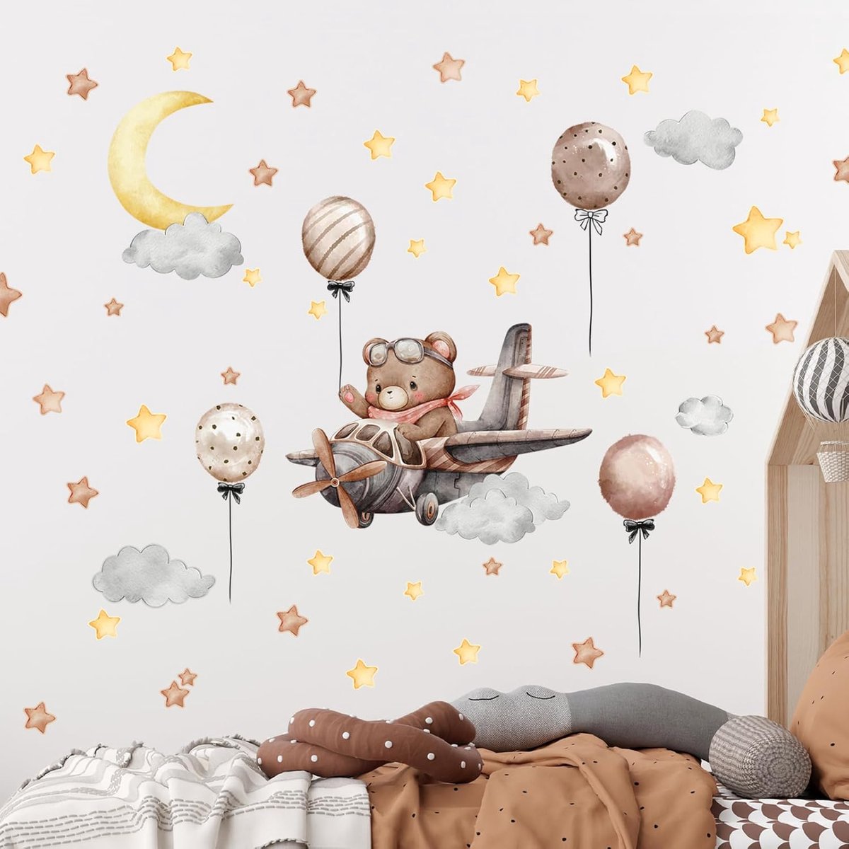 Wandstickers beren vliegtuig - zelfklevend muurdecoratie - schattige sterren en maan - perfect voor kinderkamer - ShopVlot