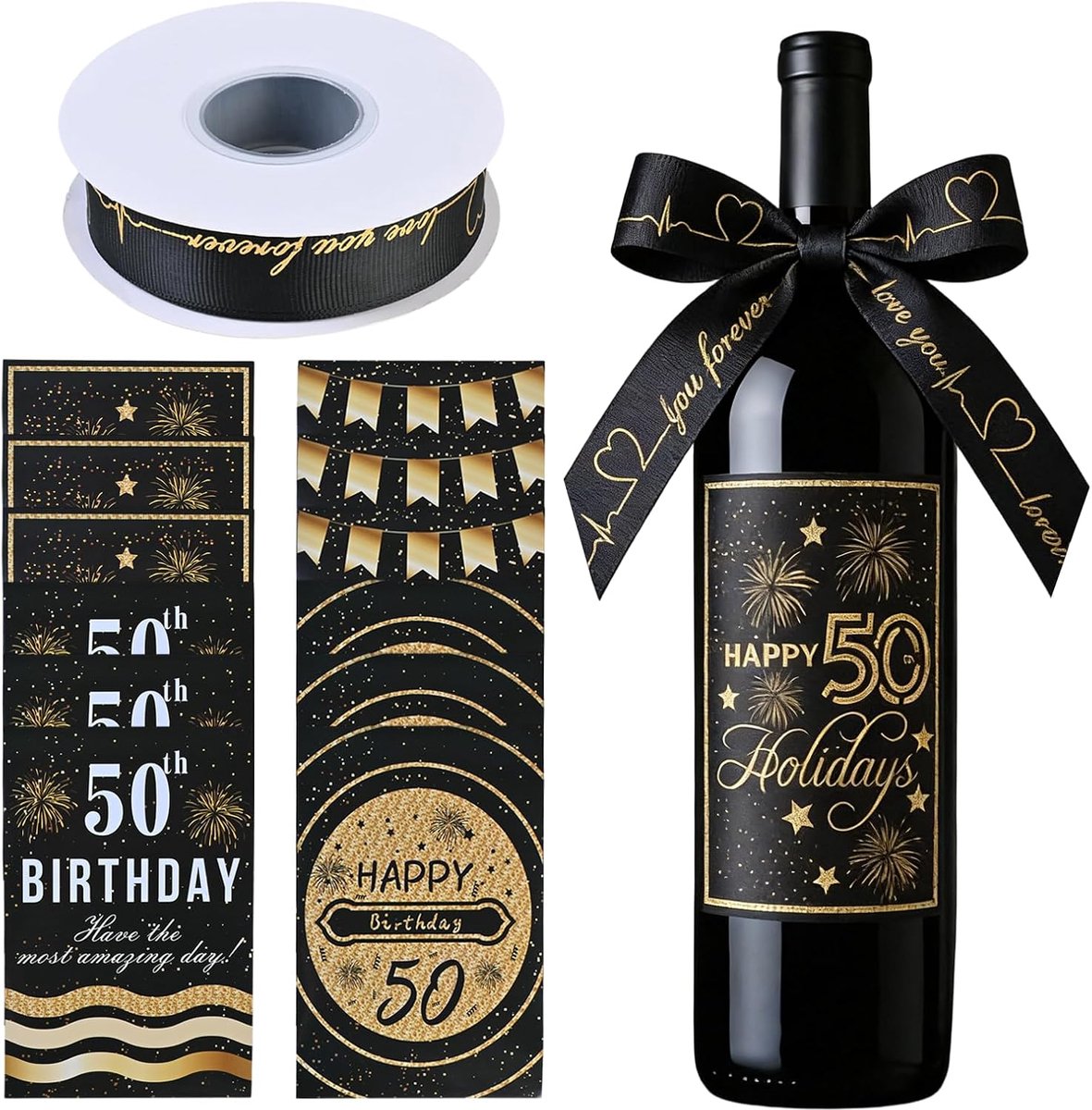 Wijnfles labels 50ste verjaardag - unieke zwart-gouden ontwerpen - feestelijke decoratie - ShopVlot