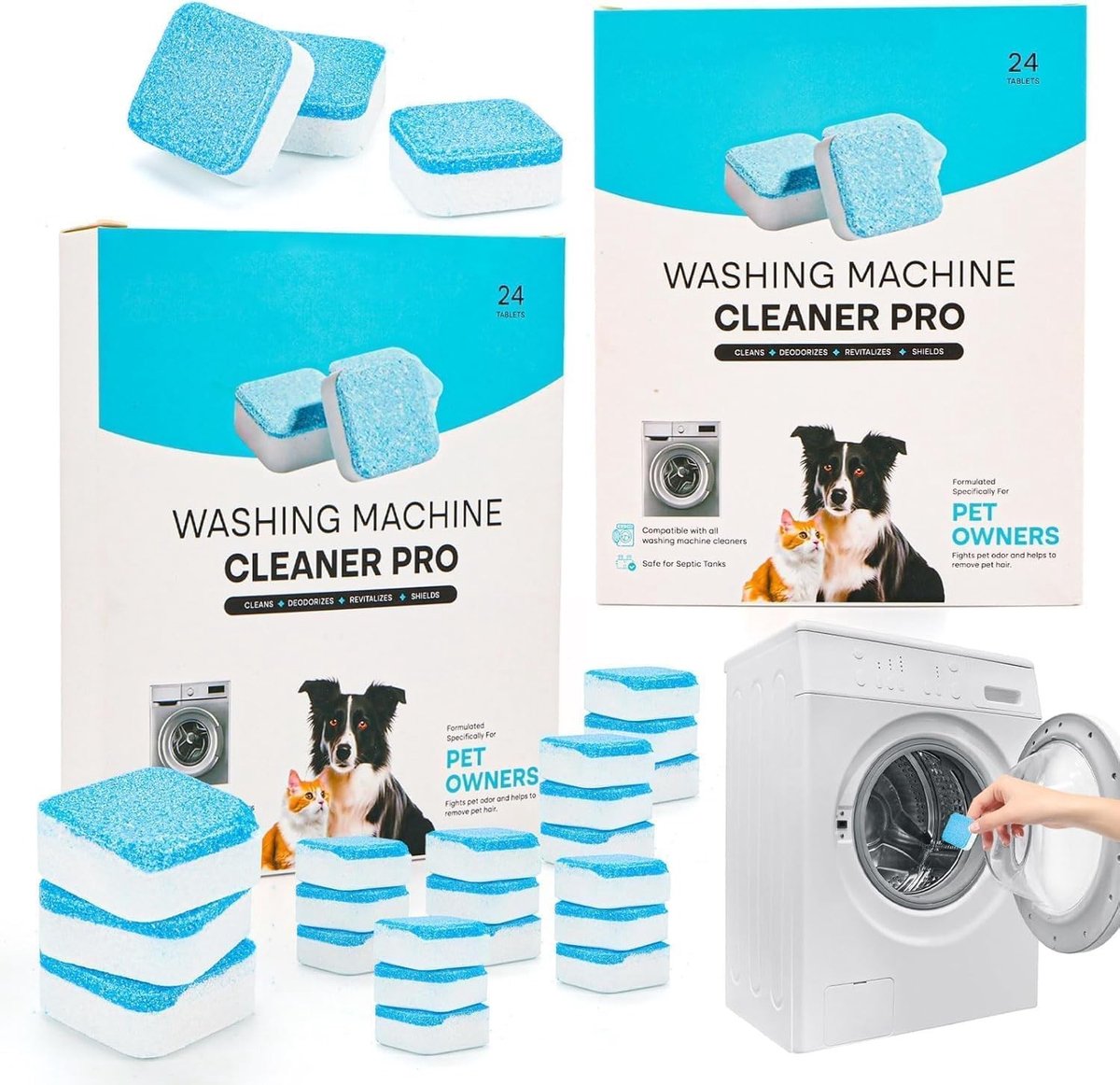 Reinigingstabletten voor de wasmachine - 24 stuks voor huisdierbezitters, krachtig tegen geuren, kalkaanslag en voor een diep reinigende formule