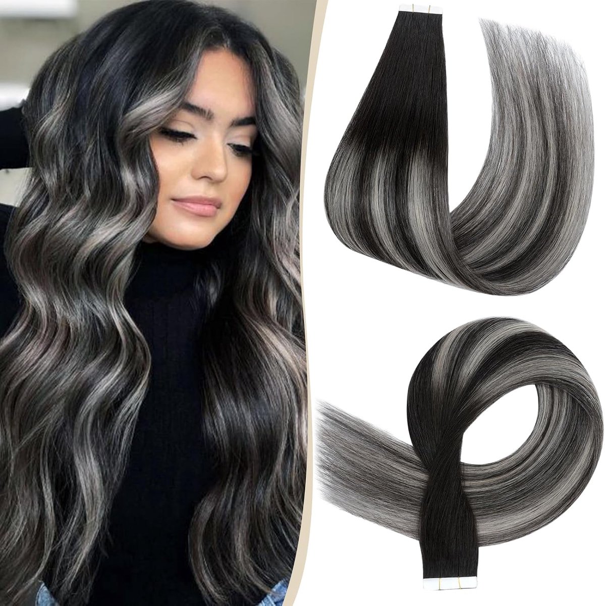 Haarextensions 55 cm - Echte Haar - Natuurlijke zwart en grijs - Voor een prachtige look - ShopVlot