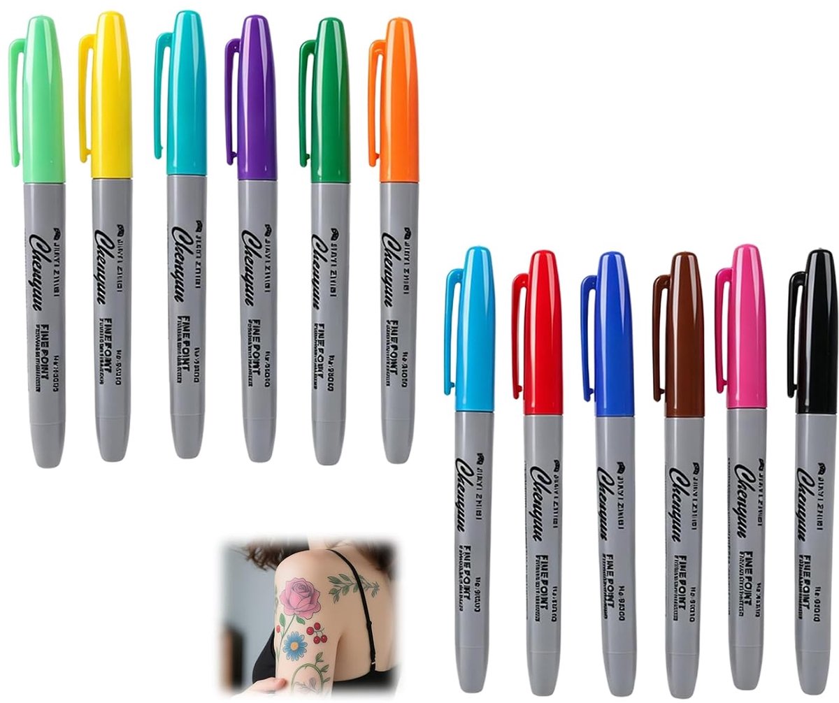 Pack of 12 tattoo highlighters, surgical skin marker for precise tattoos, non-toxic ink, fine tip, comfortable use for - ShopVlot