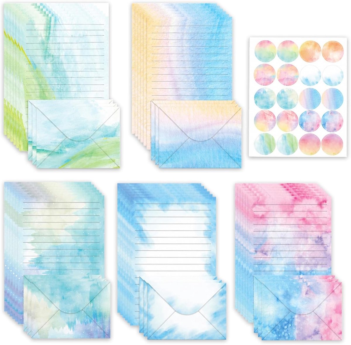 65 stuks aquarel briefpapier met enveloppen, 15 stuks enveloppen met 30 A5-briefpapier gelinieerd en 20 kleefpunten - ShopVlot