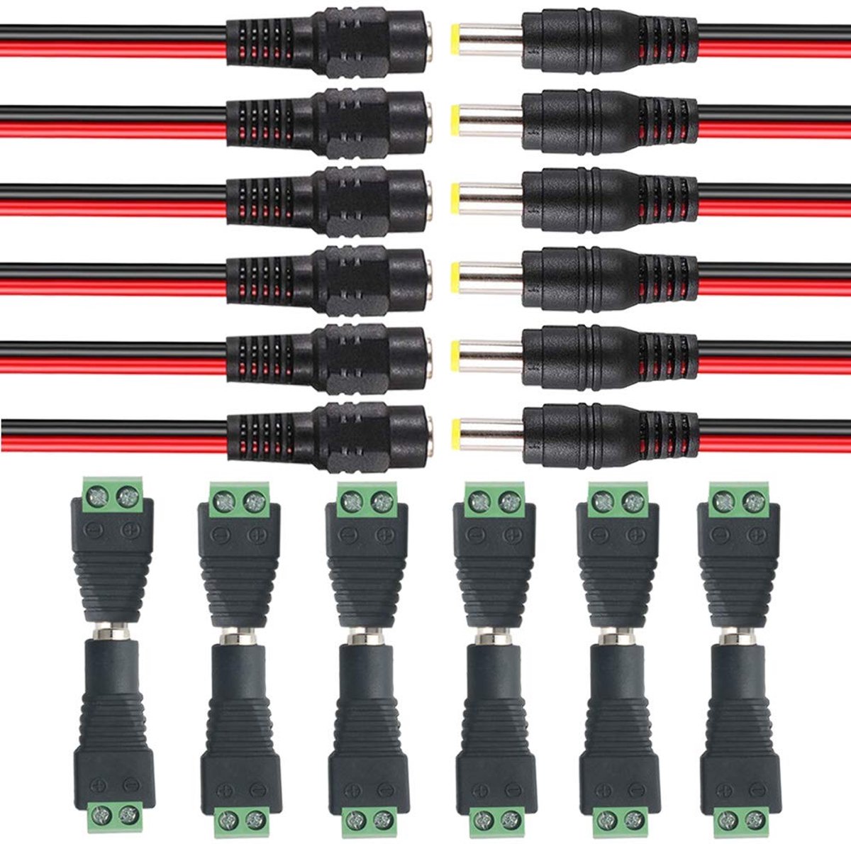 FULARR 24PCS Premium DC Connection Kit: 6 Pairs Power Plug Adapter + 6 Pairs Pigtail Cable for CCTV Security Camera - ShopVlot
