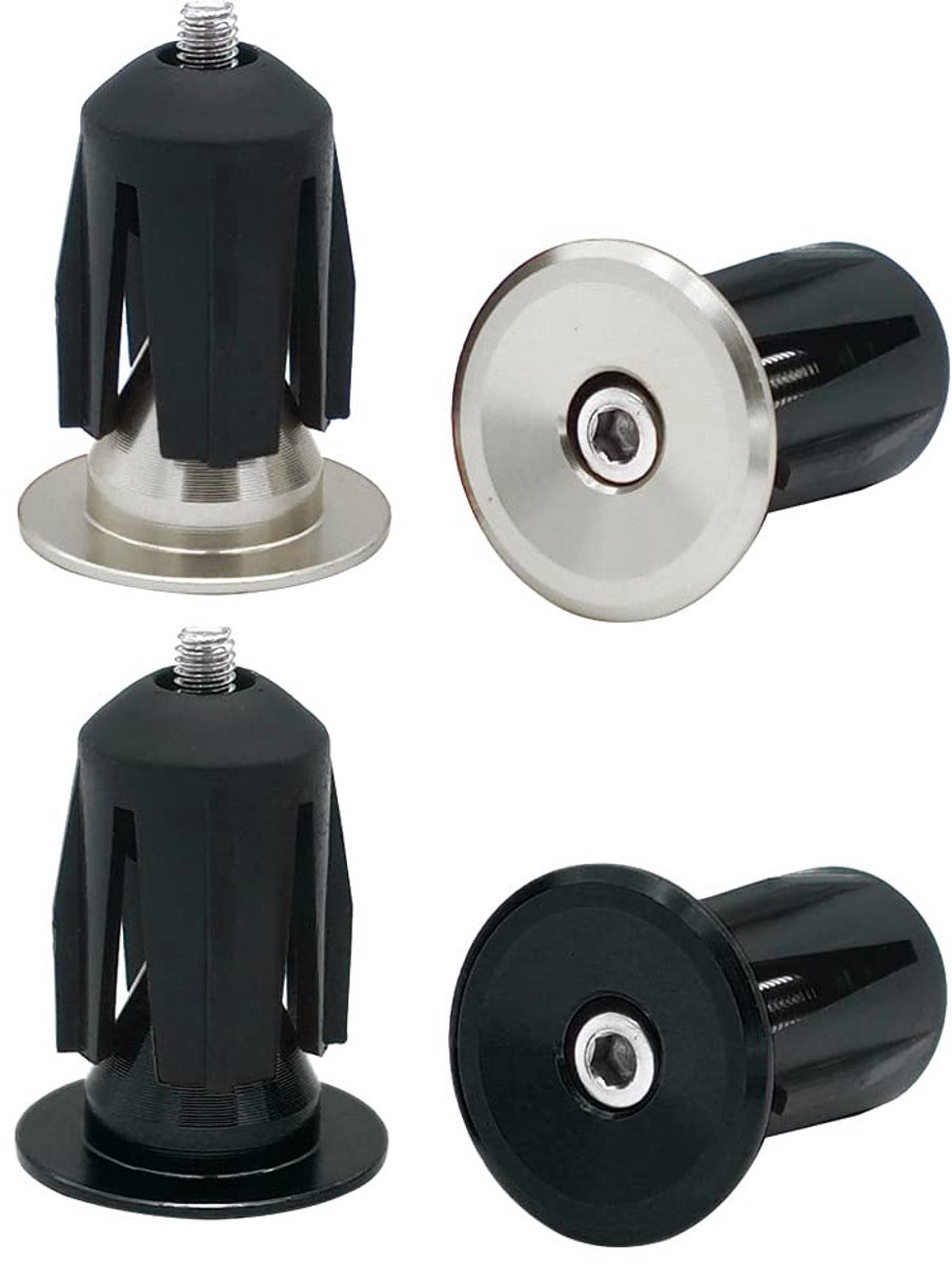 2 Pairs Bicycle Handlebar End Caps Aluminium Handlebar Grips for Road Bike, Mountain Bike, BMX (Silver + Black) - ShopVlot