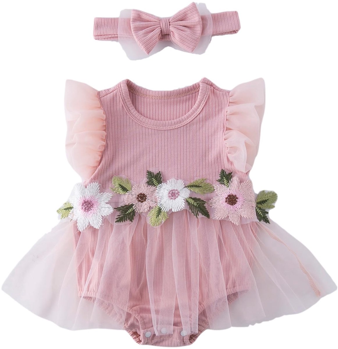 UUAISSO Babykleding zomerrompertje met ruches mouwen en bloemen met haarband kledingset, Roze, 9-12 Maanden - ShopVlot