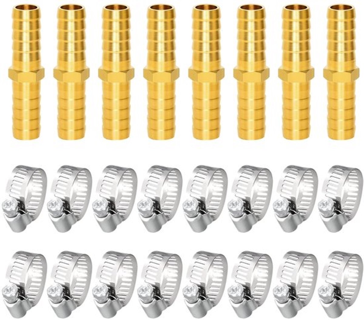 Afvoerhalsverbinder Set - 8 Stuks - Messing Slangkoppelingen - 16 Roestvrij Stalen Slangklemmen - 10 mm - Duurzaam en Lichtgewicht - Slangstuk