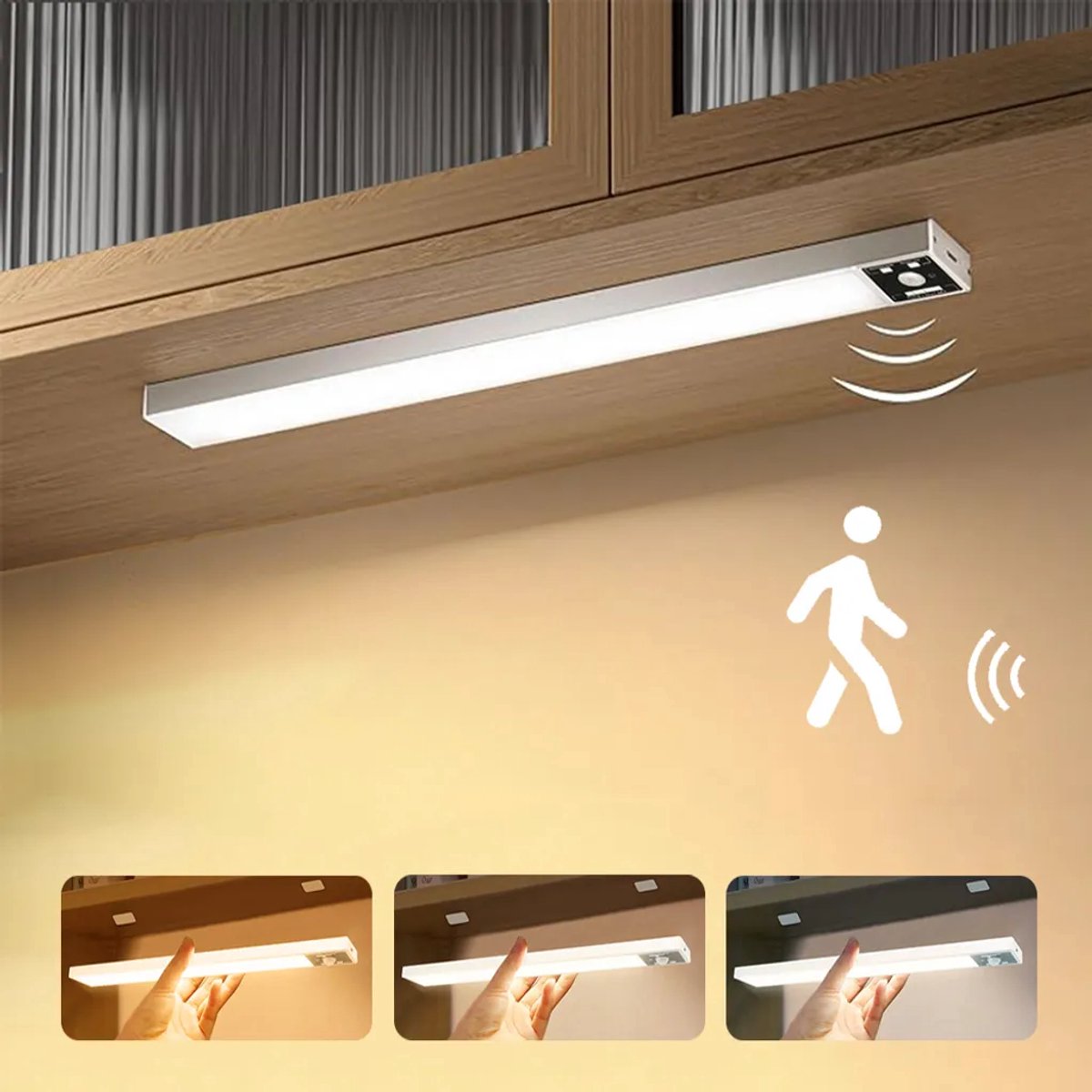 Oplaadbare kastverlichting van 40 cm, LED-kastverlichting met bewegingssensor, draadloze LED-stripverlichting met bewegingssensor, geschikt voor binnenkasten, keukens en trappen.