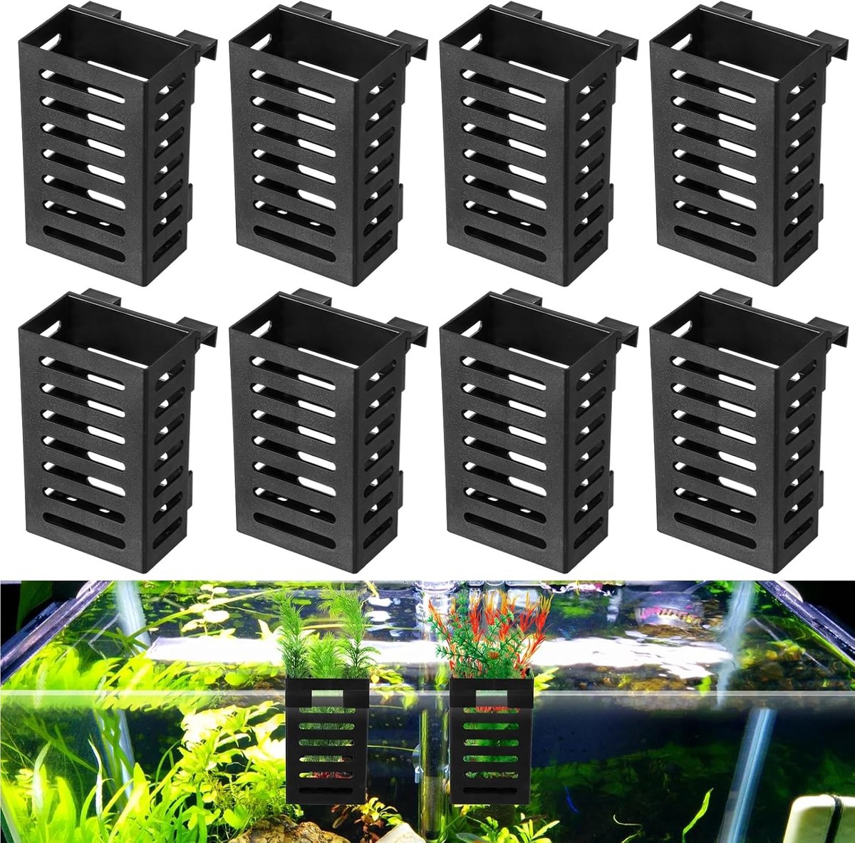 Aquarium plant houders 8 stuks - zwarte kunststof - met haken - perfecte aquascape decoratie - ShopVlot