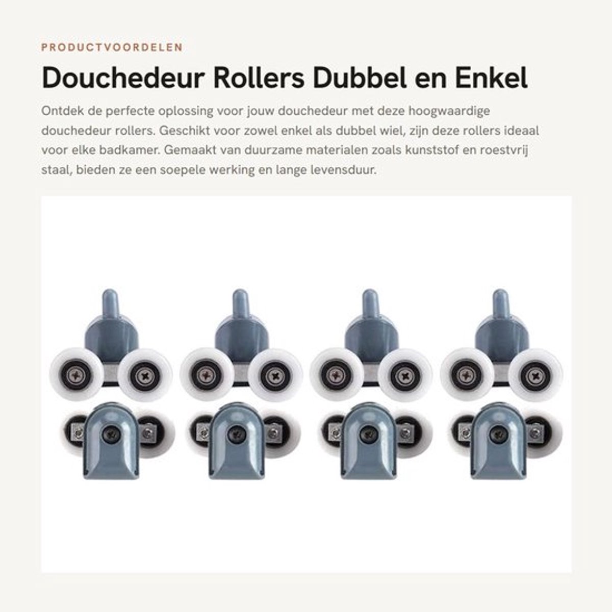 Douchedeurrollers 8 Stuks - Dubbel Wiel - Kunststof/Nylon - Roestvrij Staal - Voor Glas van 10-12mm - Inclusief Schroeven/Afdekdoppen - Douchedeurwielen