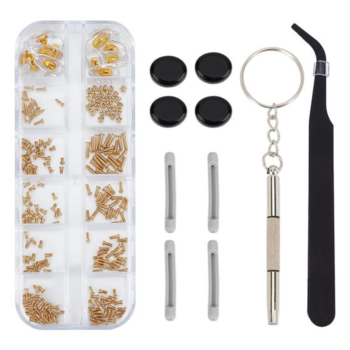 Oogglas Reparatie Kit - Zonnebril Reparatie Set - Inclusief Pincet en Lenzenvloeistof - Compacte Schroefdoos - Neus Pads en Schroeven - G...