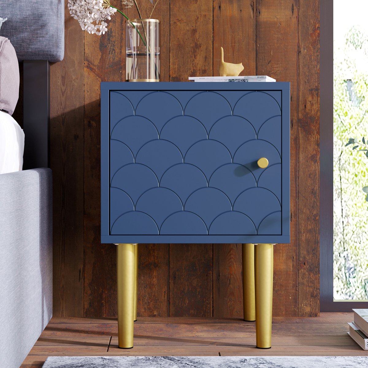 DESMIU Nachtkastje - 2 Delige Set Met Schubpatroon En Metalen Poten - Voor Slaapkamer En Woonkamer - Spaanplaat En Metaal - Marineblauw - 35x35x51 Cm