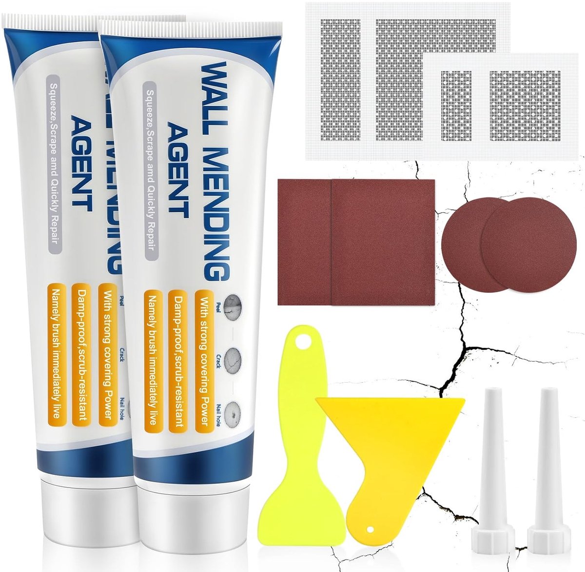 Wandreparatieset 200 g - met pleister en schuurpapier - voor snel vullen van gaten en scheuren - handige set voor thuis - ShopVlot