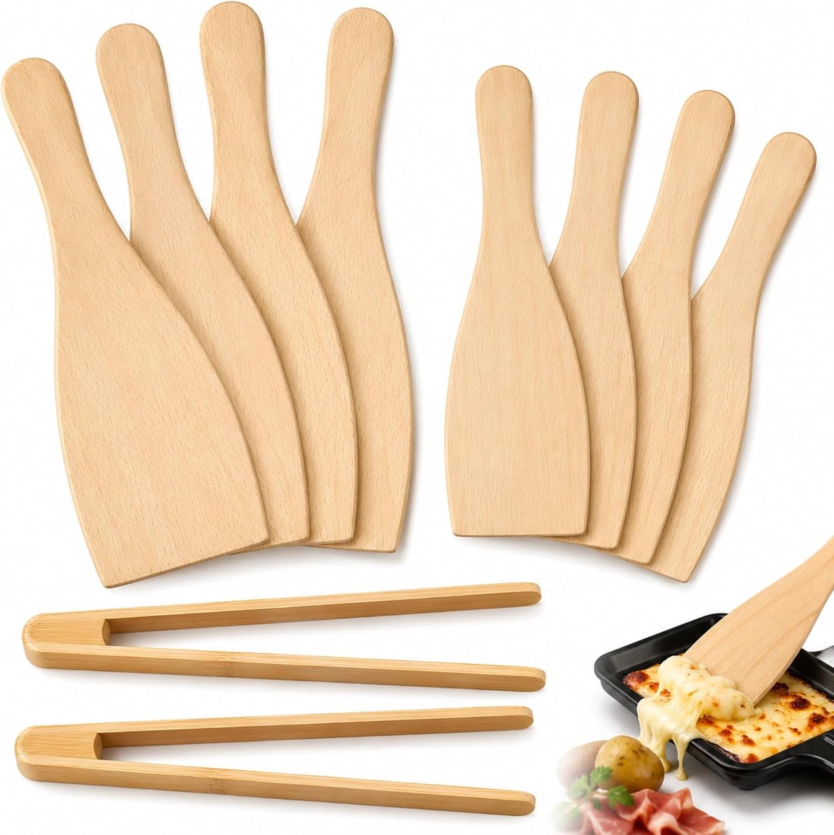 Houten spatula set 8-delig - beukenhout - met krassvrije tang - ideaal voor grillpannen - ShopVlot