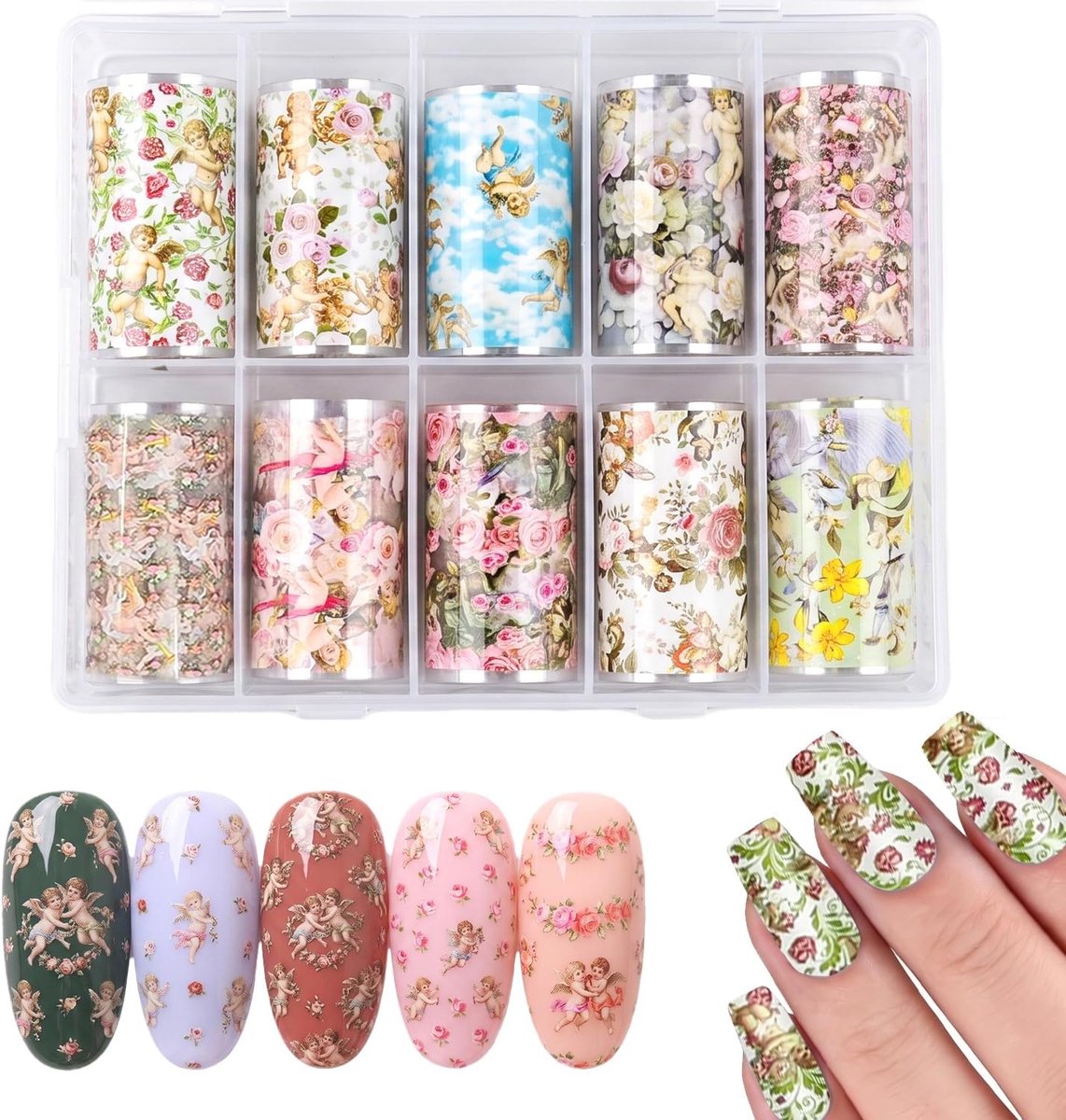 Nagelfolien 10 rollen - bloemenpatronen - levendige kleuren - unieke nailart creaties - ShopVlot
