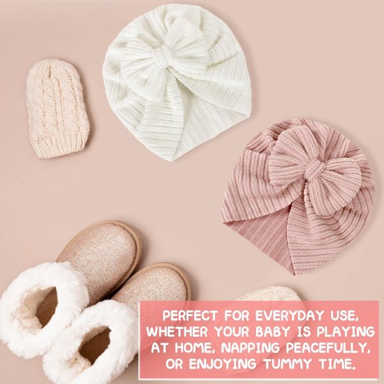 Zachte Baby Turban Hoeden met Strik, Elastische Caps voor Pasgeborenen en Peuters, Set van 2, Perfect voor Elke Gelegenheid — afbeelding 4
