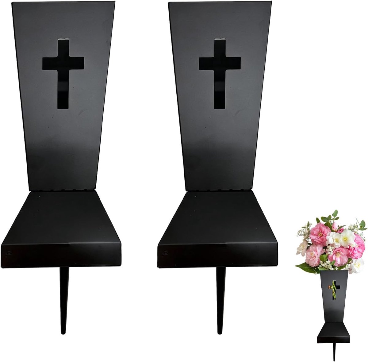 Grafvaas 2 stuks 10,5 x 10,5 x 25 cm - metalen herdenkingsvazen - uitgehold kruisontwerp - ShopVlot