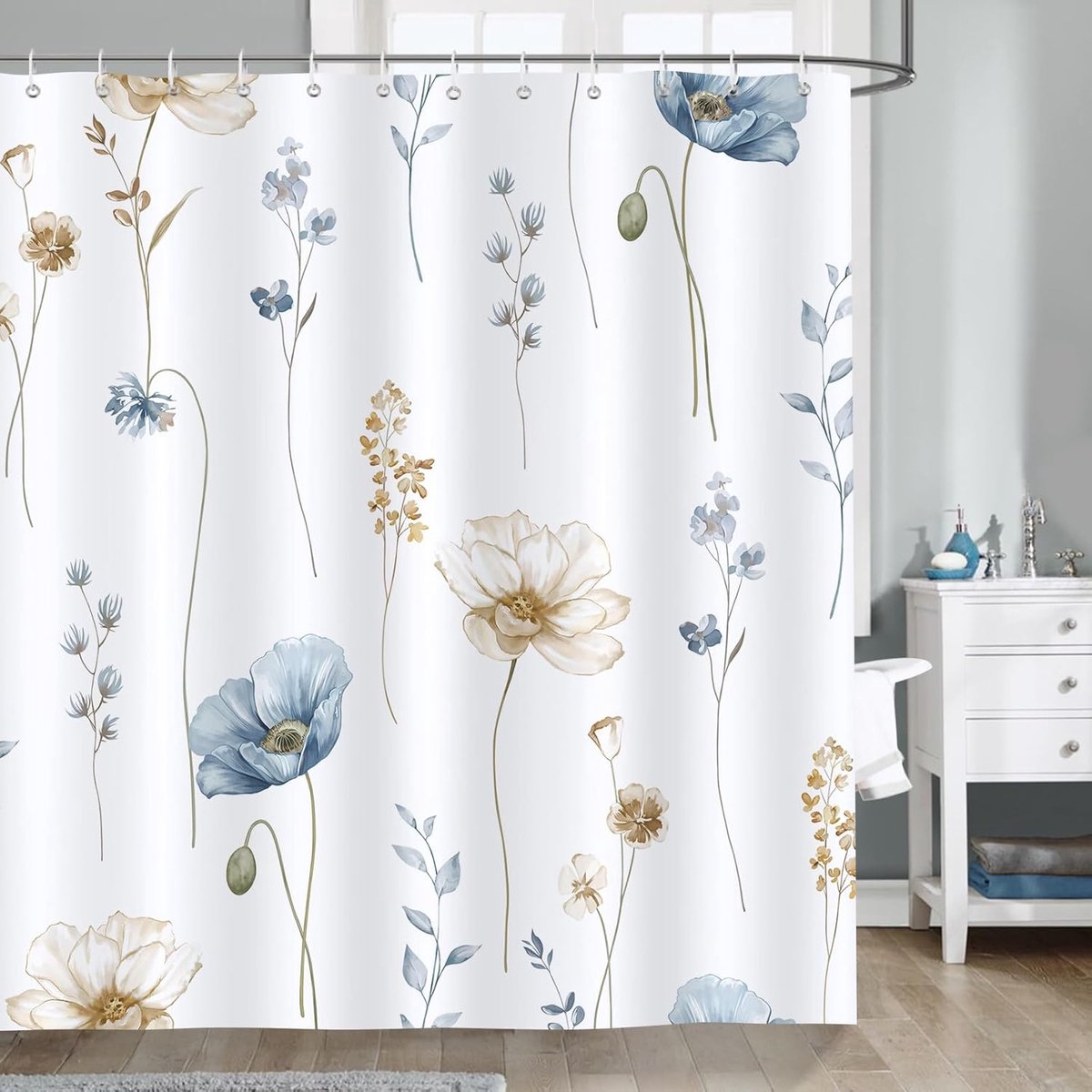 Douchegordijn 180 x 180 cm - blauw beige aquarel bloemen - waterdicht en schimmelwerend - stijlvol voor je badkamer - ShopVlot