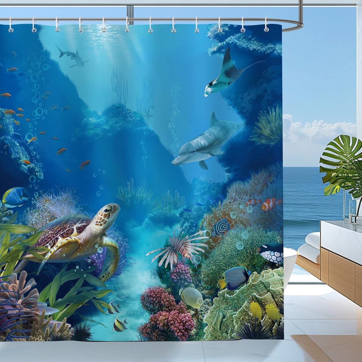 Douchegordijn blauw oceaan 180x180cm - polyester - waterdicht en anti-milieu - kleurrijk onderwaterdesign - ShopVlot