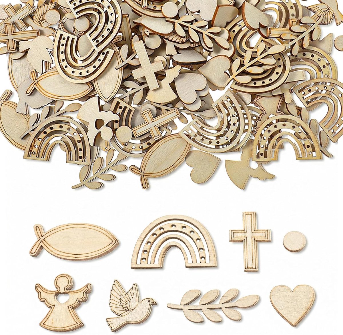 doopdecoratie 200 stuks - houten hartjes en ontwerpen - regenboog, duiven, engelen - ShopVlot