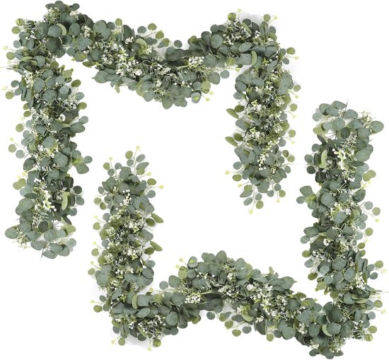 Eucalyptus kunstguirlande 2-pack - met witte bloemen - groene bladeren - perfect voor bruiloften - ShopVlot