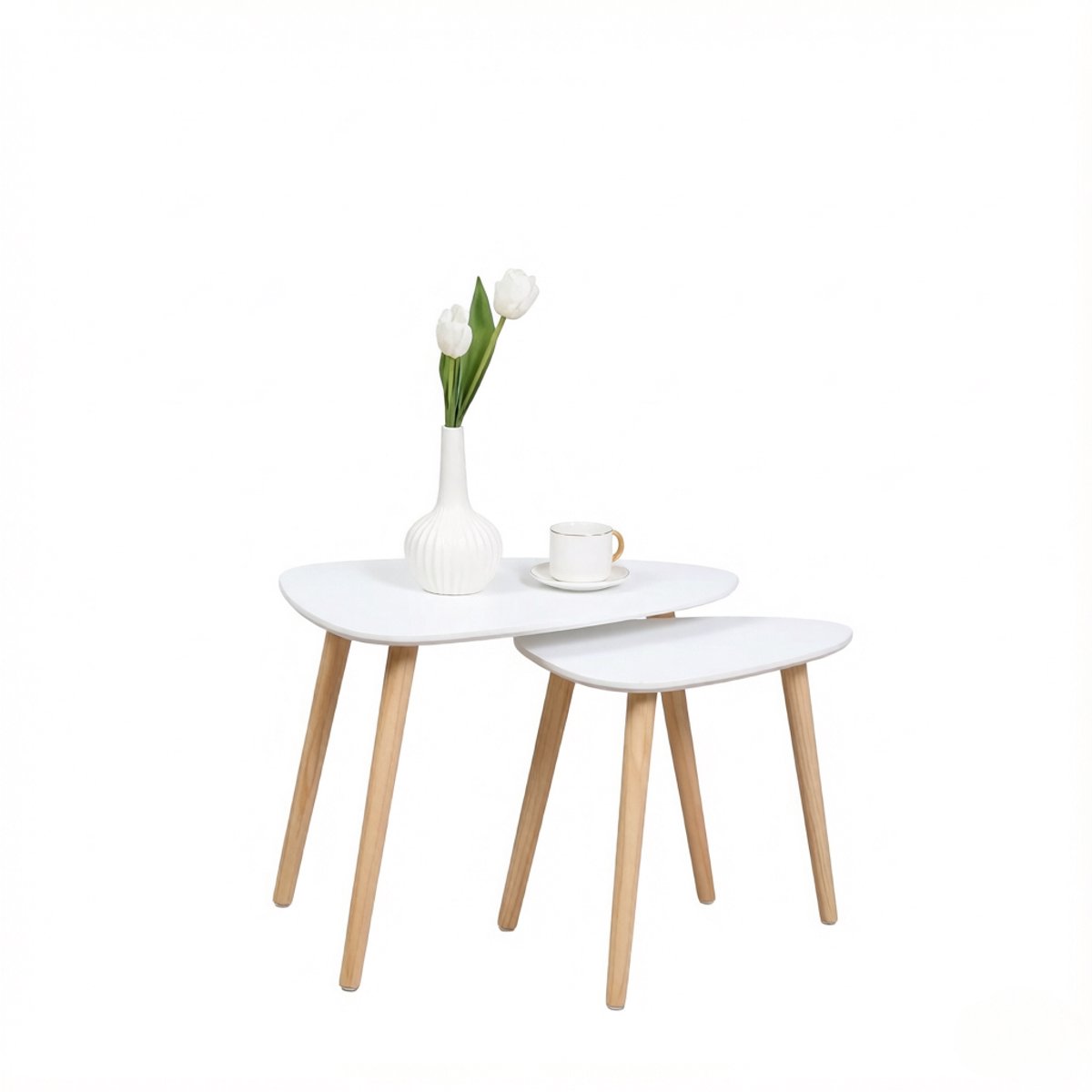 DESMIU Salontafel Set Van 2 - Scandinavisch Design Met Nesting Functie - Voor Woonkamer - MDF En Hout - Wit En Naturel - 59,5 X 39,5 X 45 Cm