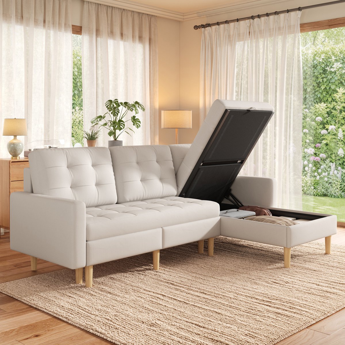 DESMIU Hoekbank 212 x 130 x 86 cm - Opbergruimte En Wisselbare Chaise Longue - Voor Kleine Woonkamer - Stof Beige