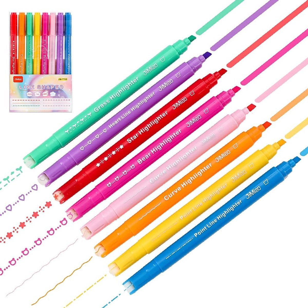 8 pcs colored curve pens for taking notes, double tip glitter highlighters set, 8 different curve shapes & 8 colors - ShopVlot