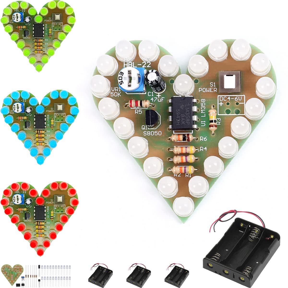 Soldering Kit, Heart Shape Kit, DC 4V-6V, Four Colour LED Lights, Suite Soldering Kit with Battery Holder, for - ShopVlot