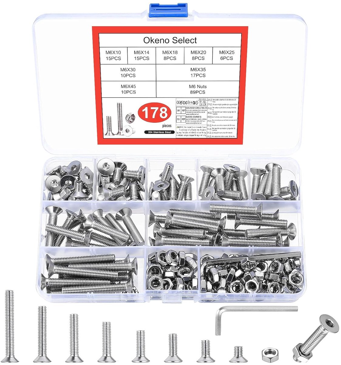 178 Pcs M6 Screw Set, Stainless Steel Countersunk Head Screws, Nut Set, Flat Head Screws, Hex Socket Screws with Nuts - ShopVlot