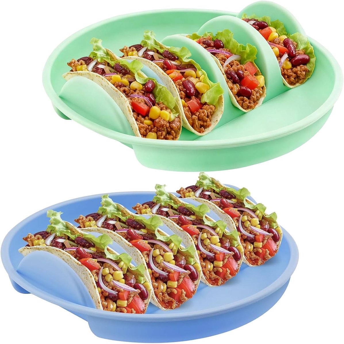 Taco Plates with Dividers, 2 Pieces, Silicone Tortilla Tray with Handles, Reusable for Tacos, Hot Dogs, Sand Tortilla - ShopVlot