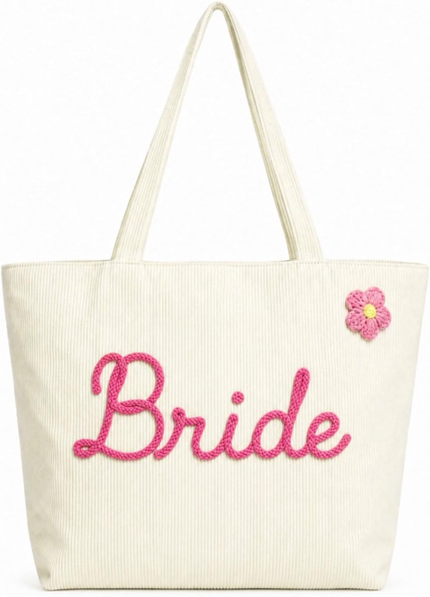 Cord bruidstas, Bride to be JGA tas voor dames met rits, grote corduroy tote bag bruid & bruidsmeisjes, geborduurd - ShopVlot