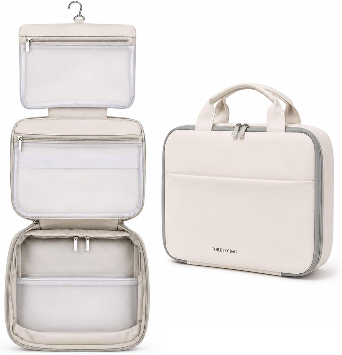 Toilettas dames om op te hangen, cosmeticatas camel - 3 EVA-vakken, metalen haken, PU-oppervlak in lederlook - ShopVlot