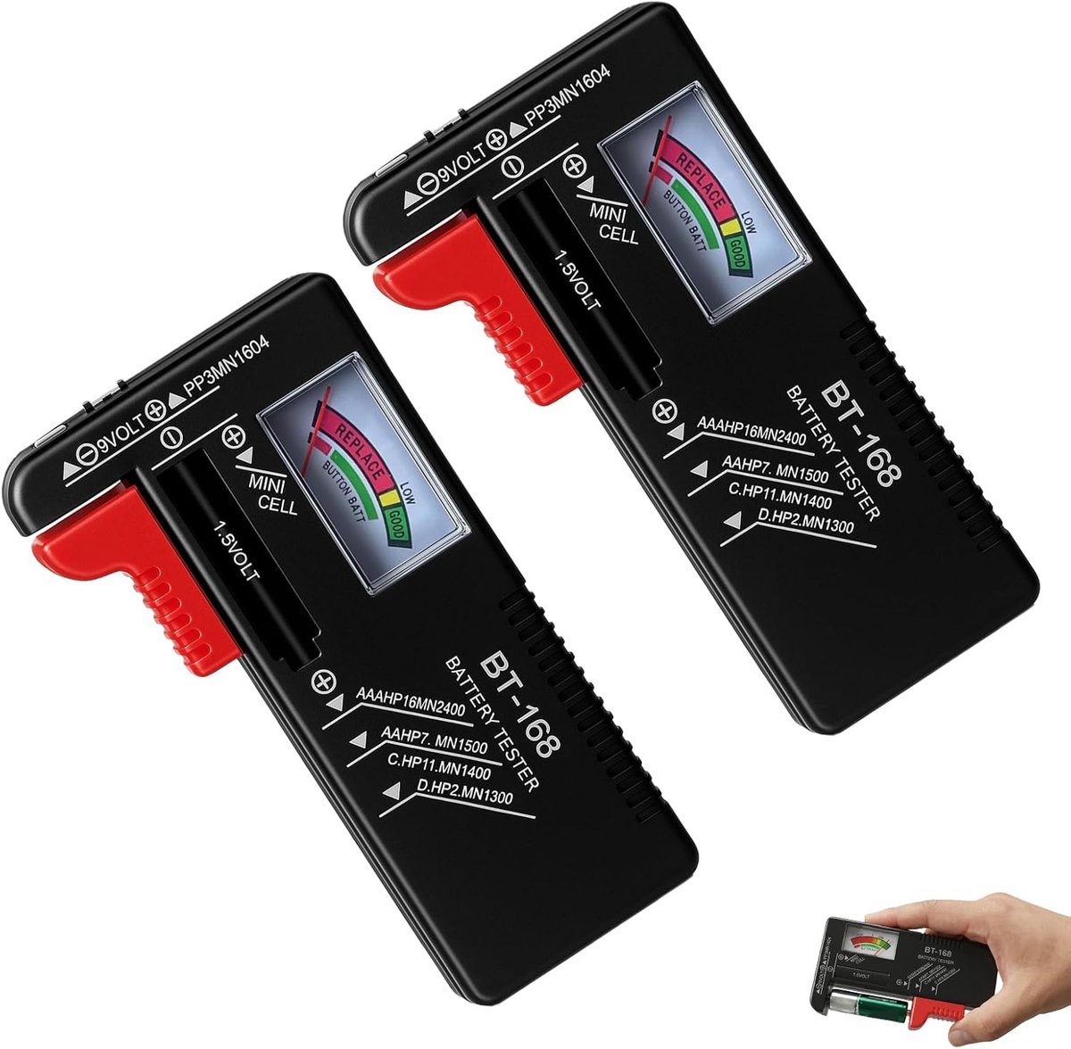 2 Pack Battery Tester BT-168, Universal Battery Testing Device for AA AAA C D 9V 1.5V Button Cells, Compact Analog - ShopVlot