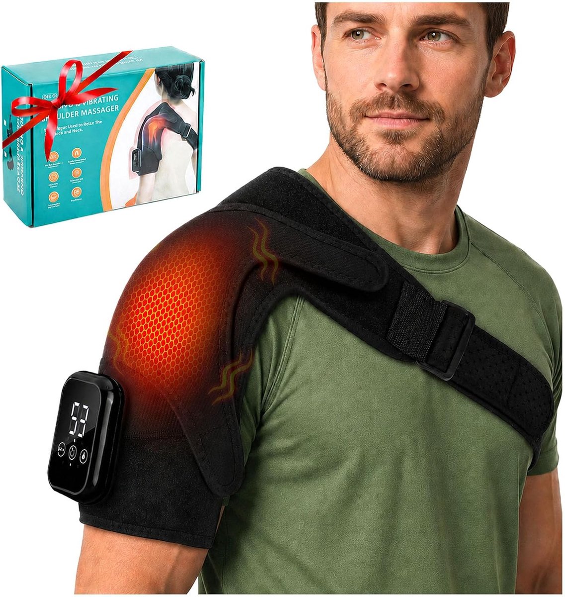 Draadloze Vibrerende En Verwarmende Schoudermassageapparaat,Masseur d'Épaule,Groot Led-Scherm, 3 Warmtestanden En 3 - ShopVlot