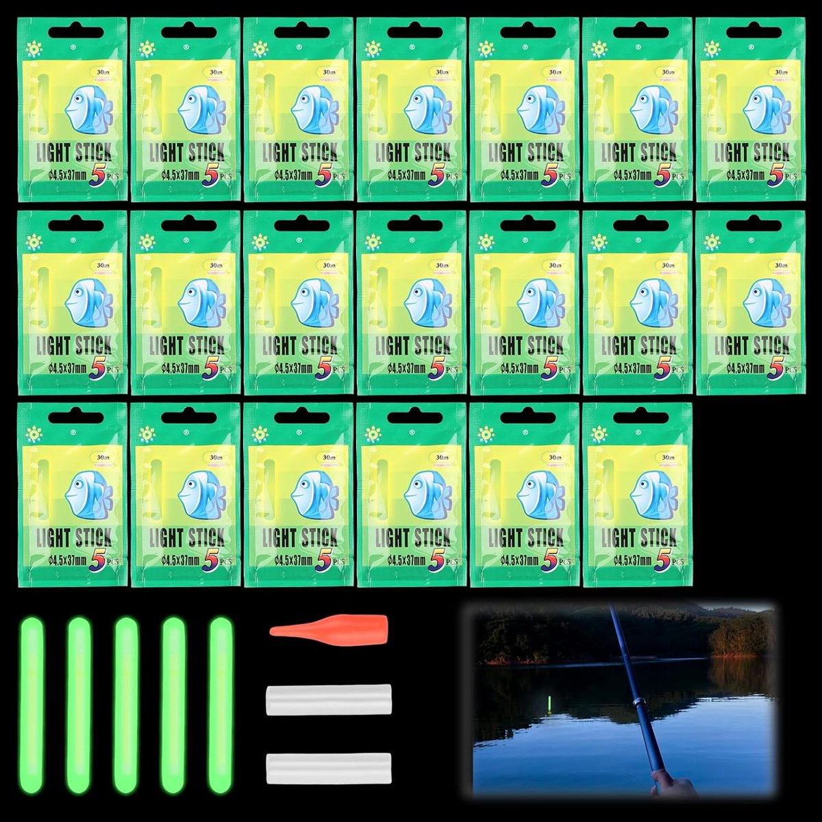 100 Pcs Luminous Fishing Rods Glow Stick Night Fishing 30m Visibility Fishing Rod 4.5x37.5mm Waterproof Green Night - ShopVlot