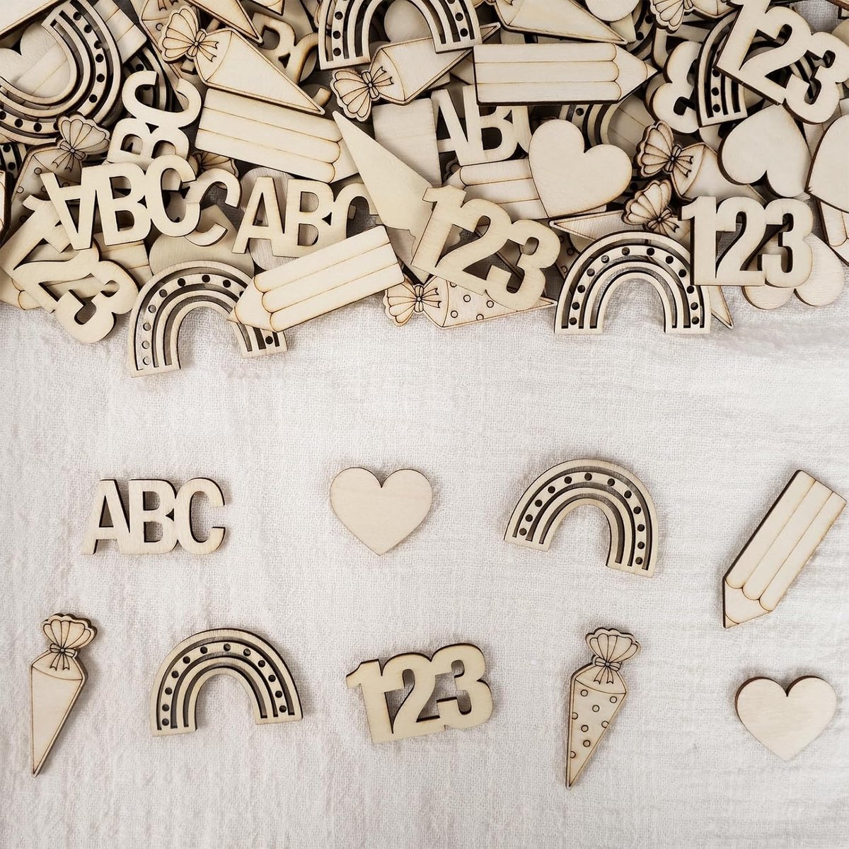 125 pieces scatter decoration first day of school wood 2025, decoration first school day ABC, 123, rainbow, heart and - ShopVlot