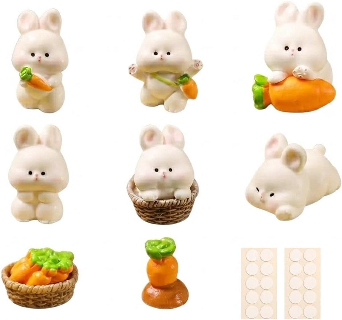 8 Stuks Schattige Konijn Auto Decoratie Set, Mini Konijntjes en Wortels Figuren voor Dashboard en - ShopVlot