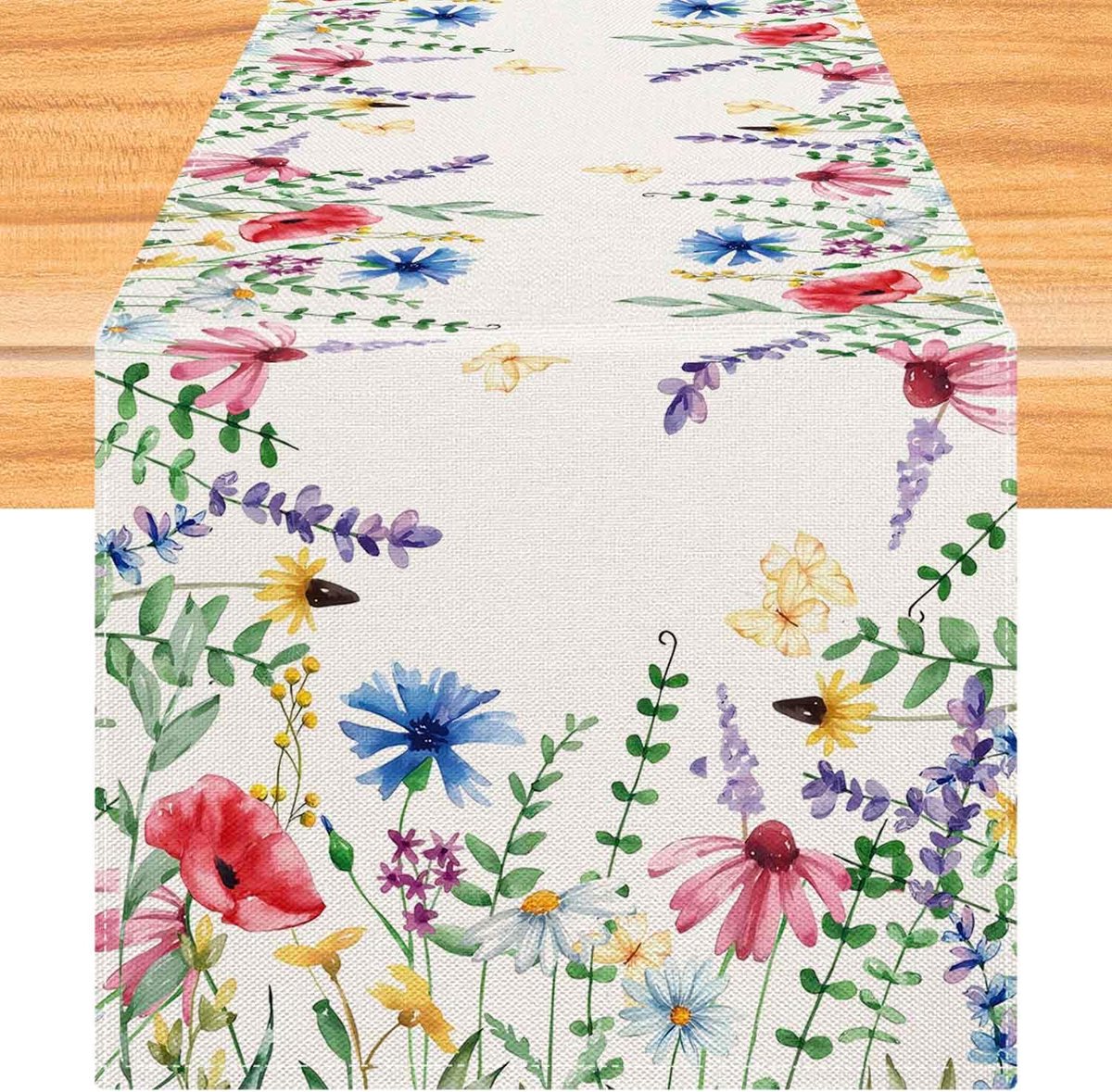 Table Runner with Spring Flowers in Watercolour Colourful Modern Linen Look Decoration Dining Table Kitchen 40 x 140 cm - ShopVlot