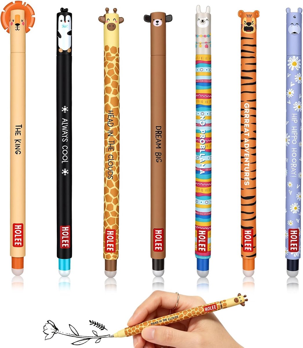 Uitwisbare balpen, gelpen, 7 rollerbalpen, uitwisbare pennen, gelpennen met diermotieven, 0,7 mm gum, balpen - ShopVlot