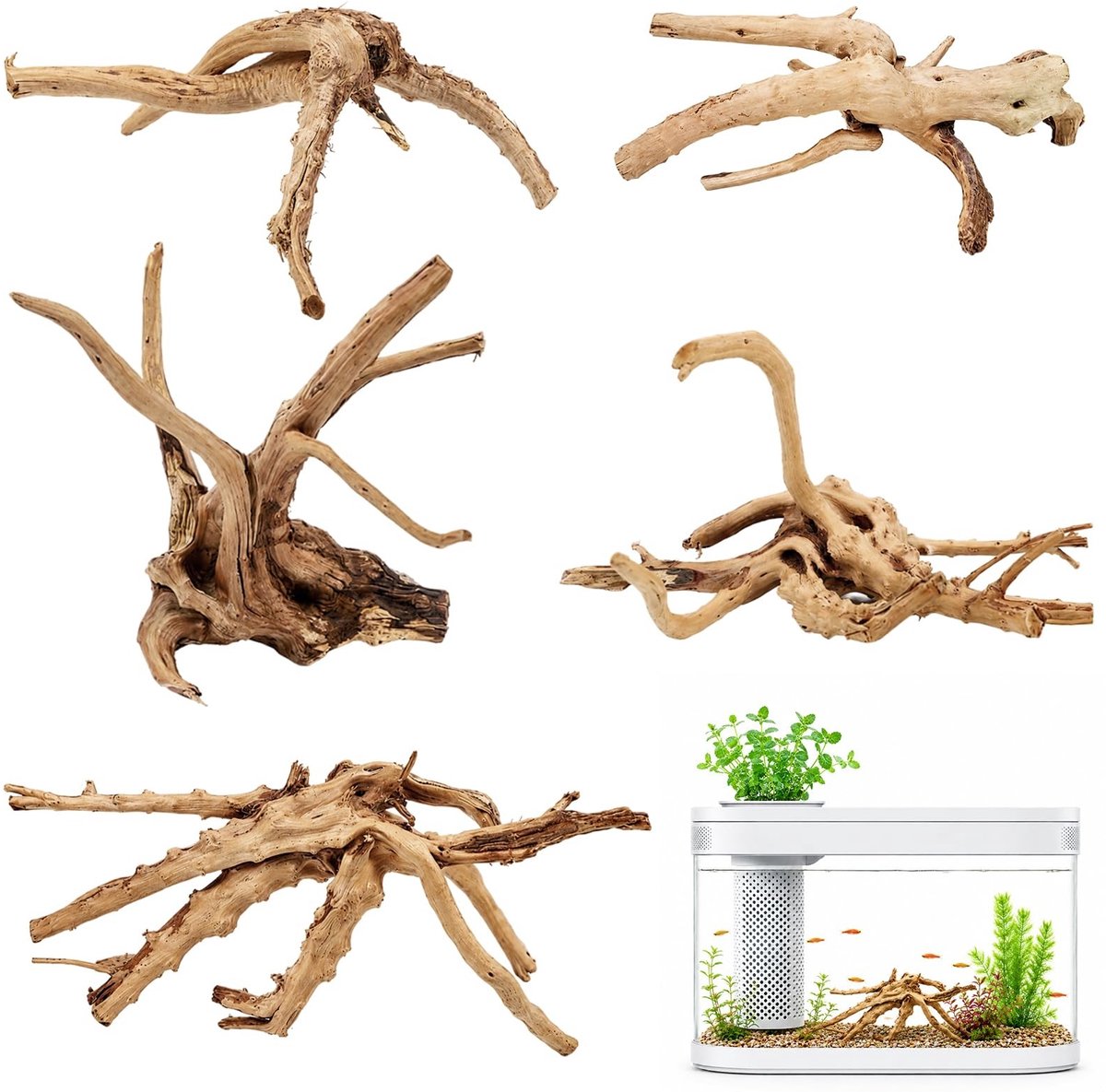 Solidchoice - Set van 5 Aquariumdecoraties van Echt Hout voor Aquascaping